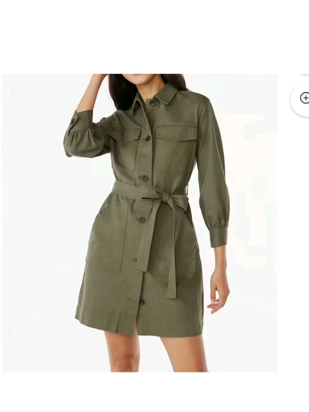 Utility Military Mini Dress Womens Olive Green Belted Button Pockets Cotton M